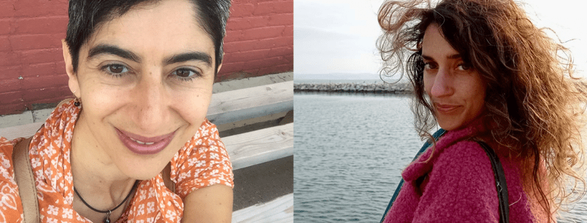 Two women pose in separate headshots; one with dark eyes and short dark hair faces forward and peeks slightly upward, smiling. The other with windblown long brown curly hair turns to look over their shoulder away from a body of water behind them